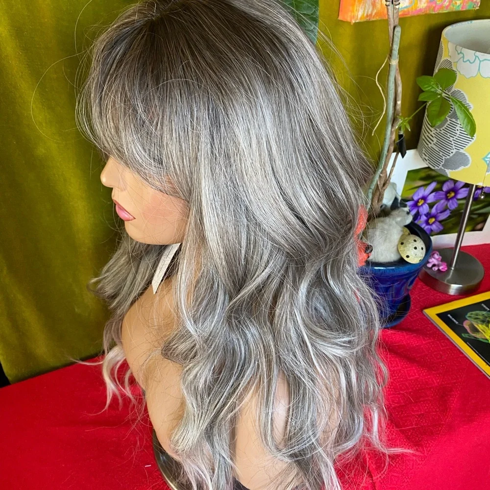 Ash tones brunette blonde wig with bangs